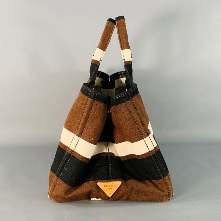 PRADA Canapa Brown Black White Stripe Canvas Open Top Tote Handbag