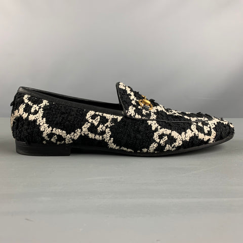 GUCCI Talla 11.5 Zapatos planos sin cordones de cuero con monograma de tweed blanco y negro