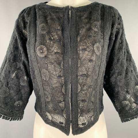 ANDREW GN Size 4 Black Wool Blend Crochet 3/4 Sleeves Jacket
