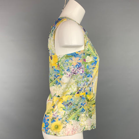 ERDEM Size 4 Green & Yellow Floral Cotton Sleeveless Blouse