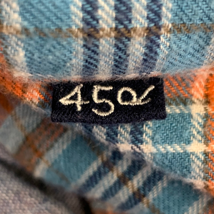 45rpm Size XL Blue Orange Plaid Cotton Curved Cutaway Flannel Long Sleeve Shirt