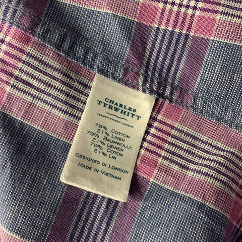 CHARLES TYRWHITT Size L Pink Blue & Purple Plaid Cotton Linen Long Sleeve Shirt