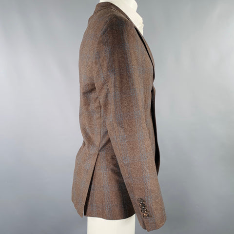BRUNELLO CUCINELLI Size 38 Brown Blue Plaid Notch Lapel Sport Coat