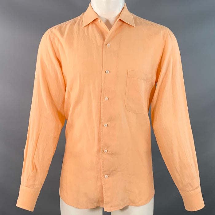 LORO PIANA Size M Orange Linen One Pocket Long Sleeve Shirt