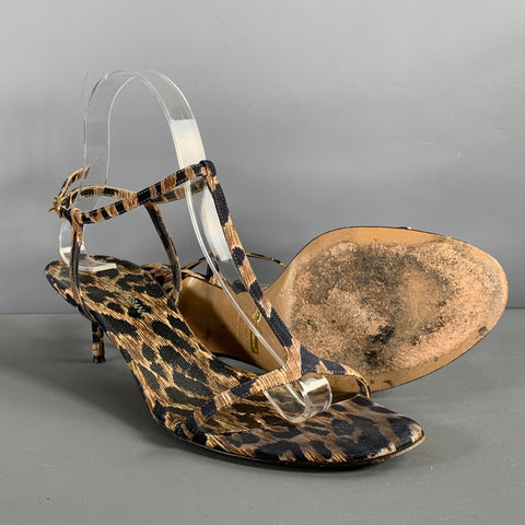 DOLCE & GABBANA Size 9 Brown Black Fabric Animal Print T- Strap Sandals