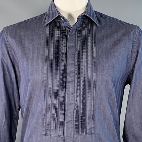 JOHN VARVATOS Size L Grey Pleated Cotton French Cuff Hidden Placket Long Sleeve Shirt