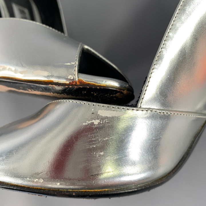 BALMAIN Size 6 Silver Patent Leather Peep Toe Heels Pumps