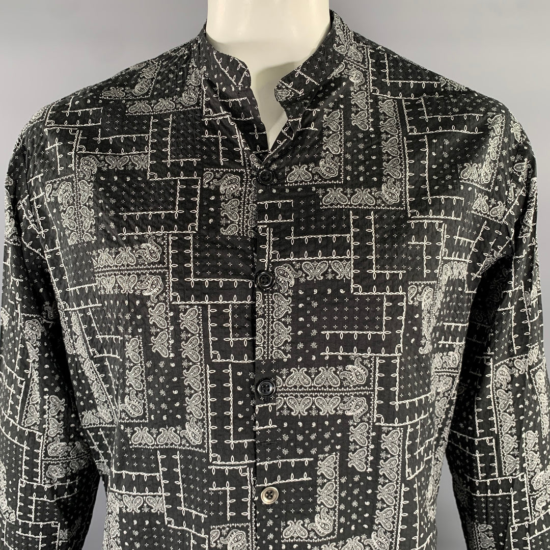 GREG LAUREN Size L Black White Bandana Cotton Band Collar Long Sleeve Shirt