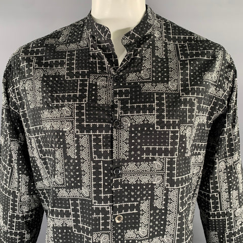 GREG LAUREN Size L Black White Bandana Cotton Band Collar Long Sleeve Shirt