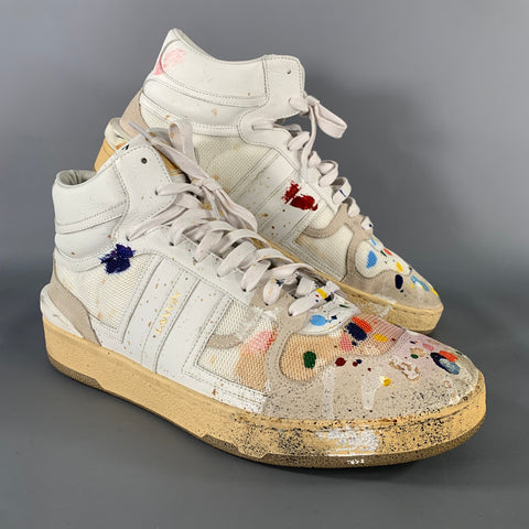 LANVIN Size 10 White Multi-Color Splattered Leather High Top Sneakers