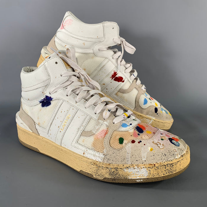 LANVIN Size 10 White Multi-Color Splattered Leather High Top Sneakers