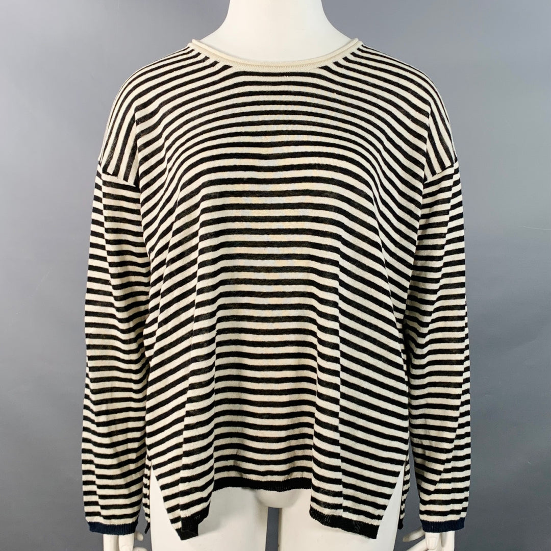 MAX MARA Size L White Black Linen Stripe Boxy Crew Neck Pullover