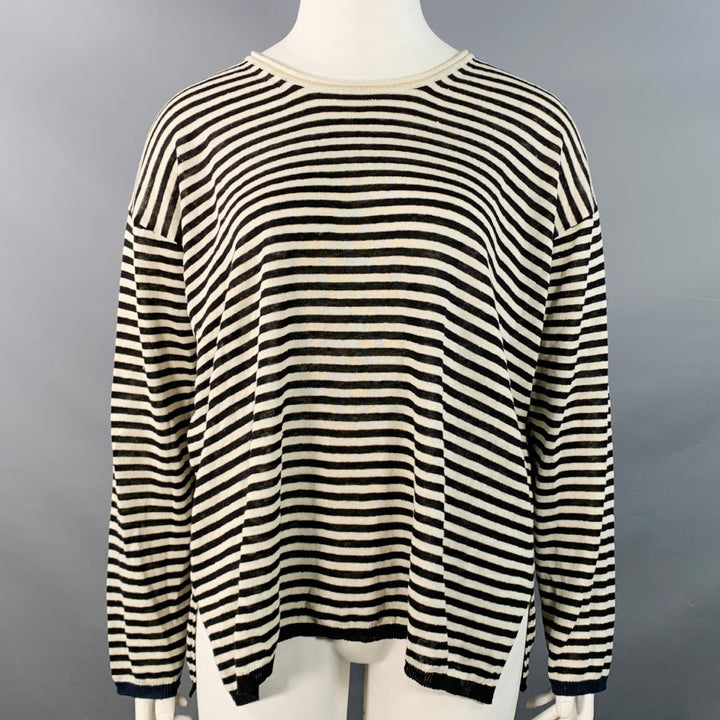 MAX MARA Size L White Black Linen Stripe Boxy Crew Neck Pullover
