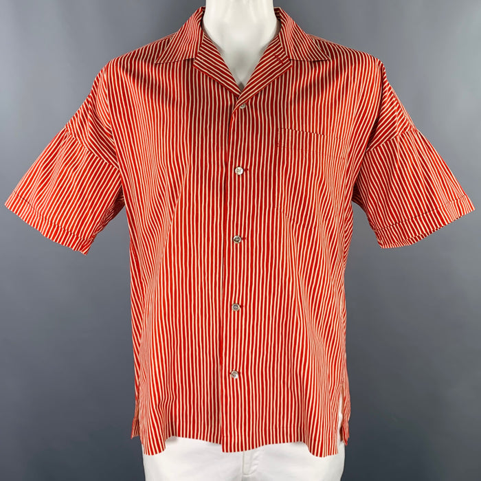 ISSEY MIYAKE Size XL Red White Stripe Cotton One Pocket Short Sleeve Shirt