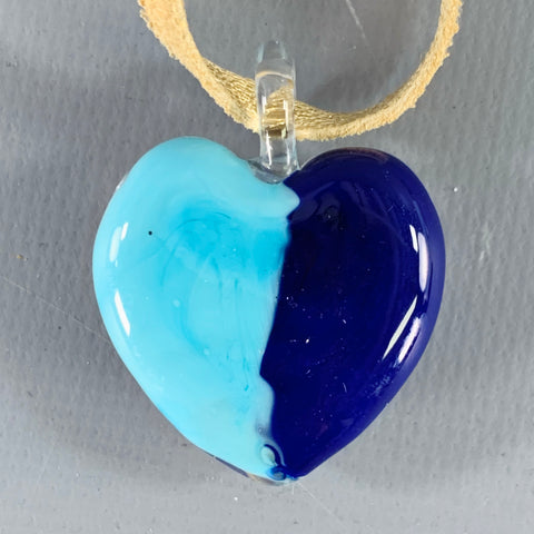 VINTAGE Blue Gold Heart Leather Glass Necklace