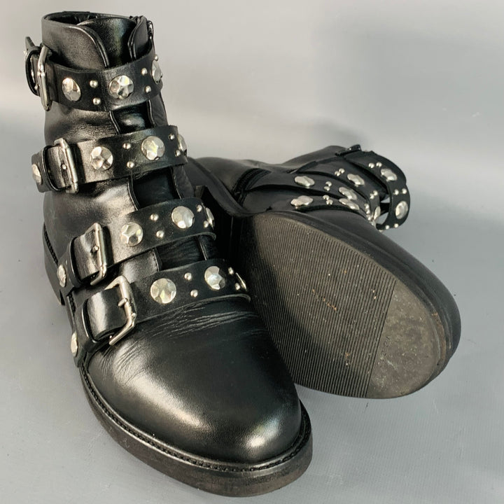 MAJE Size 9 Black Leather Studded Belted Side Zipper Military Ankle Boots