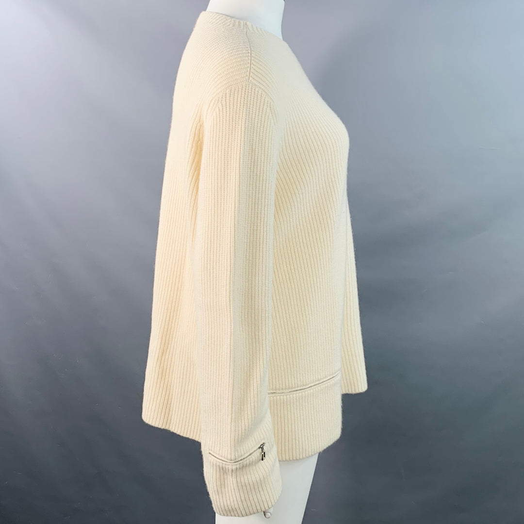 AKRIS Size 14 Off White Cashmere Rib Knit Zippers Crew Neck Sweater