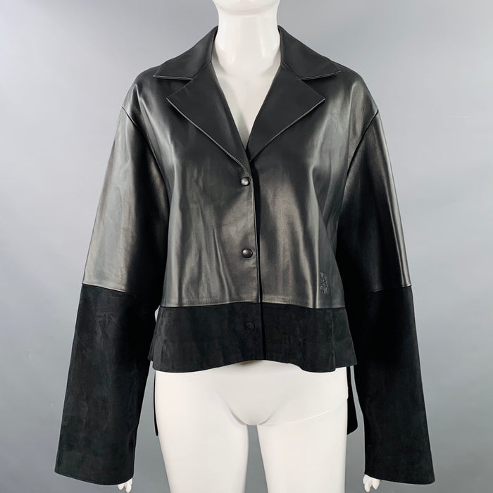 LOEWE Size 2 Black Leather Mixed Materials Lambskin Leather Jacket Blazer