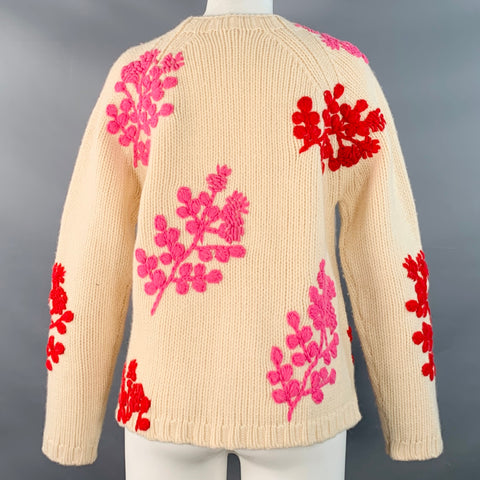 FRANCES VALENTINE Size M Beige Red Pink Lambswool Knit Floral Cardigan