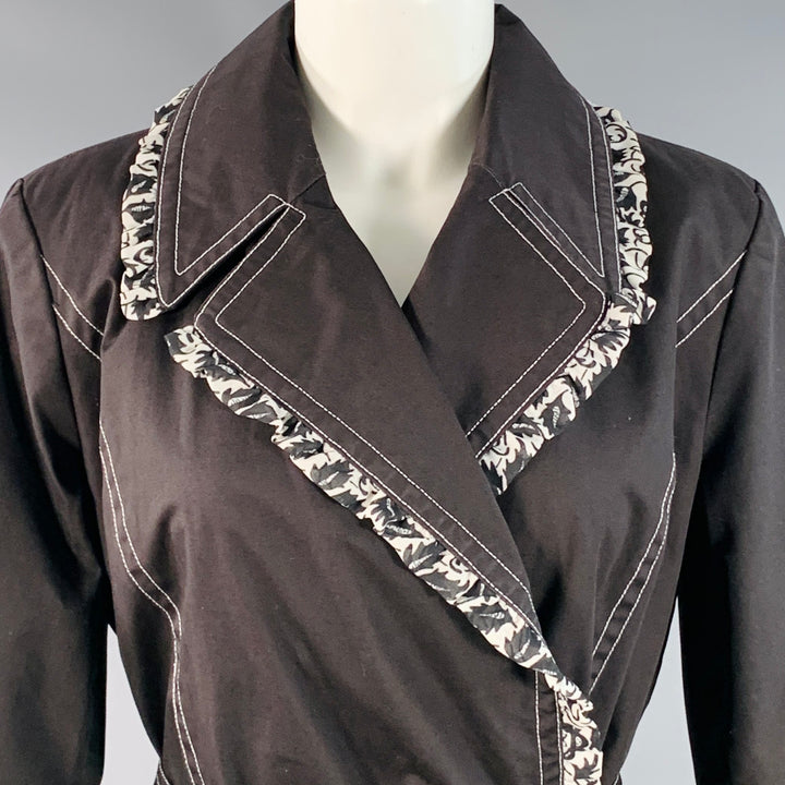 DENNIS BASSO Size XS Black White Cotton Blend Contrast Stitch Belted Coat