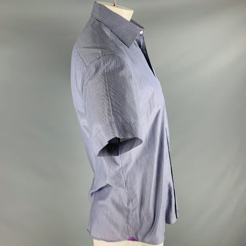 FABIO INGHIRAMI Size L Blue White Stripe Cotton One Pocket Short Sleeve Shirt