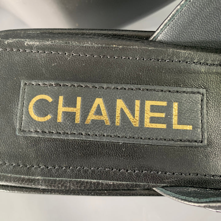 CHANEL Size 9 Black Leather Quilted Platform Sandals