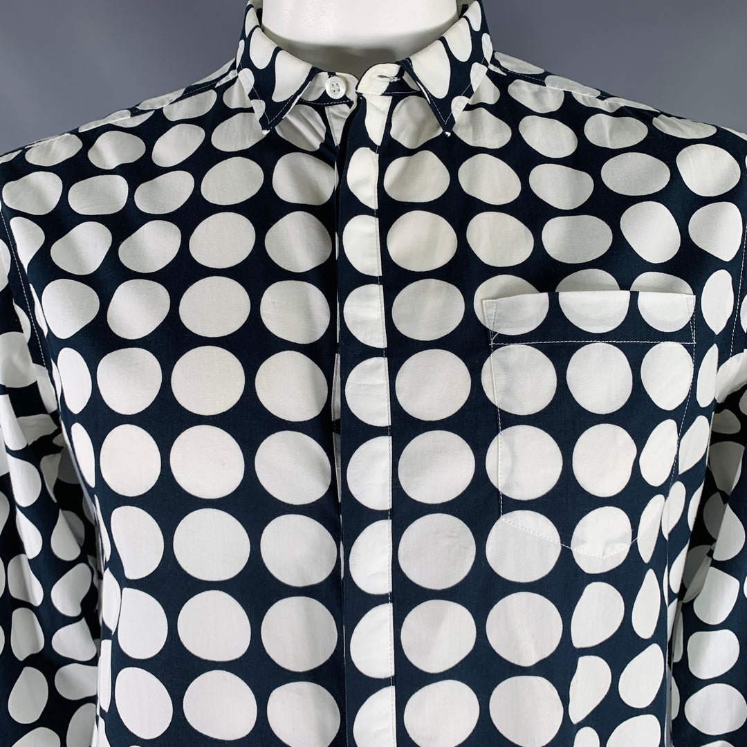 PIERRE BALMAIN Size L Navy White Polka Dot Cotton Long Sleeve Shirt