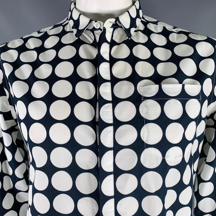 PIERRE BALMAIN Size L Navy White Polka Dot Cotton Long Sleeve Shirt