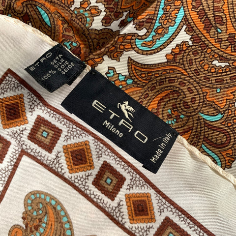 ETRO White Brown Paisley Silk Pocket Square