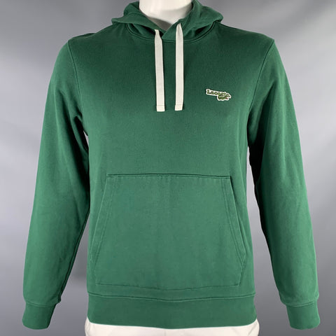 LACOSTE Size L Green Logo Cotton Hooded Sweatshirt