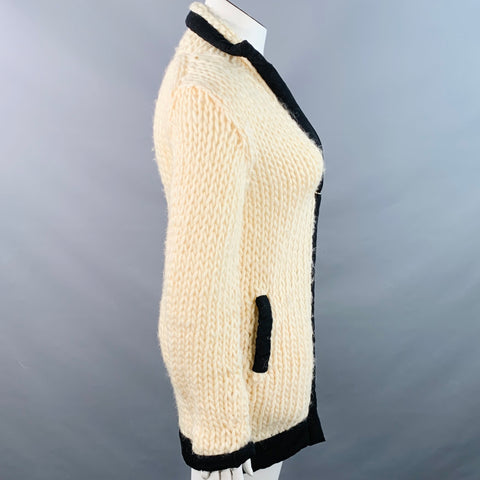 YOHJI YAMAMOTO Size L Cream Black Wool Contrast Trim Cardigan