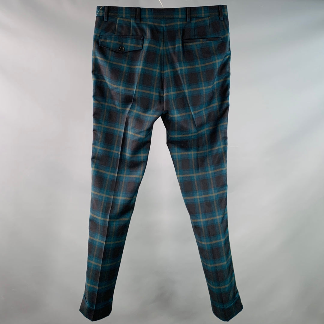 PS by PAUL SMITH Size 32 Blue Olive Plaid Wool Flat Front Slim Fit Dress Pants