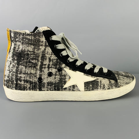 GOLDEN GOOSE Size 8 Black Silver Canvas Marbled High Top Sneakers