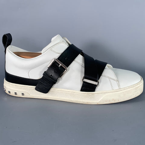VALENTINO Size 8.5 White Black Two Toned Leather Belted Sneakers