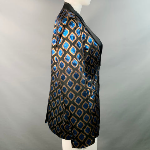 ETRO Size 8 Black Blue Metallic Geometric Peak Lapel Jacket Blazer