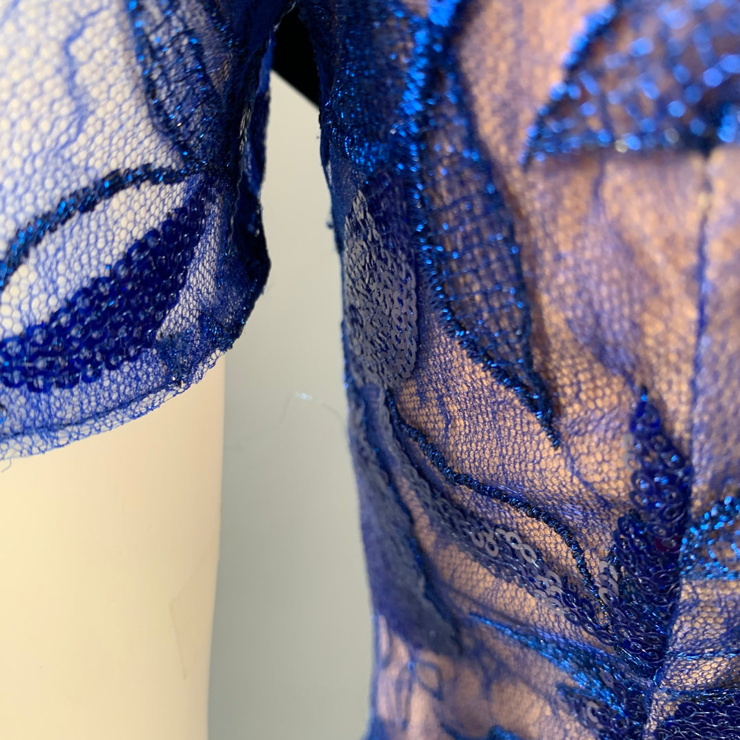 COSTARELLOS Size 4 Blue Nude Lace Sequined Short Sleeve Midi Cocktail Dress