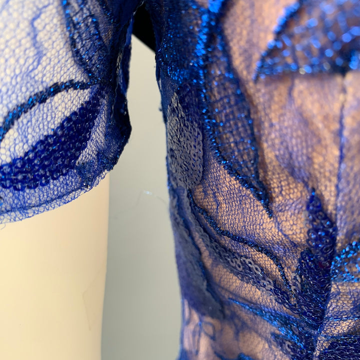 COSTARELLOS Size 4 Blue Nude Lace Sequined Short Sleeve Midi Cocktail Dress