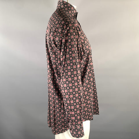 ETRO Size XL Black Brown Geometric Pointed Collar Long Sleeve Shirt