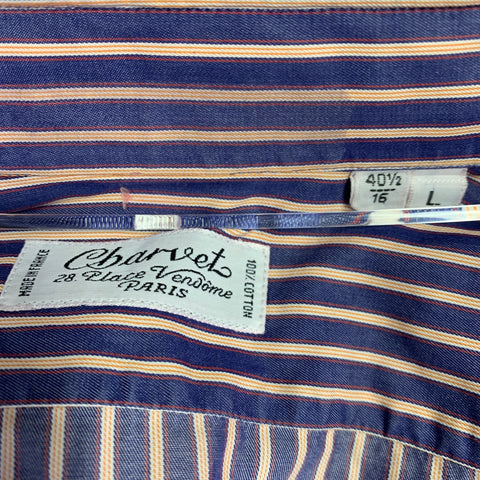 CHARVET Size L Navy Red Stripe Cotton Spread Collar Long Sleeve Shirt
