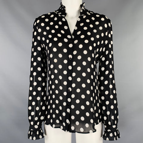 L'AGENCE Size S Black White Silk Polka Dot Open Collar Blouse