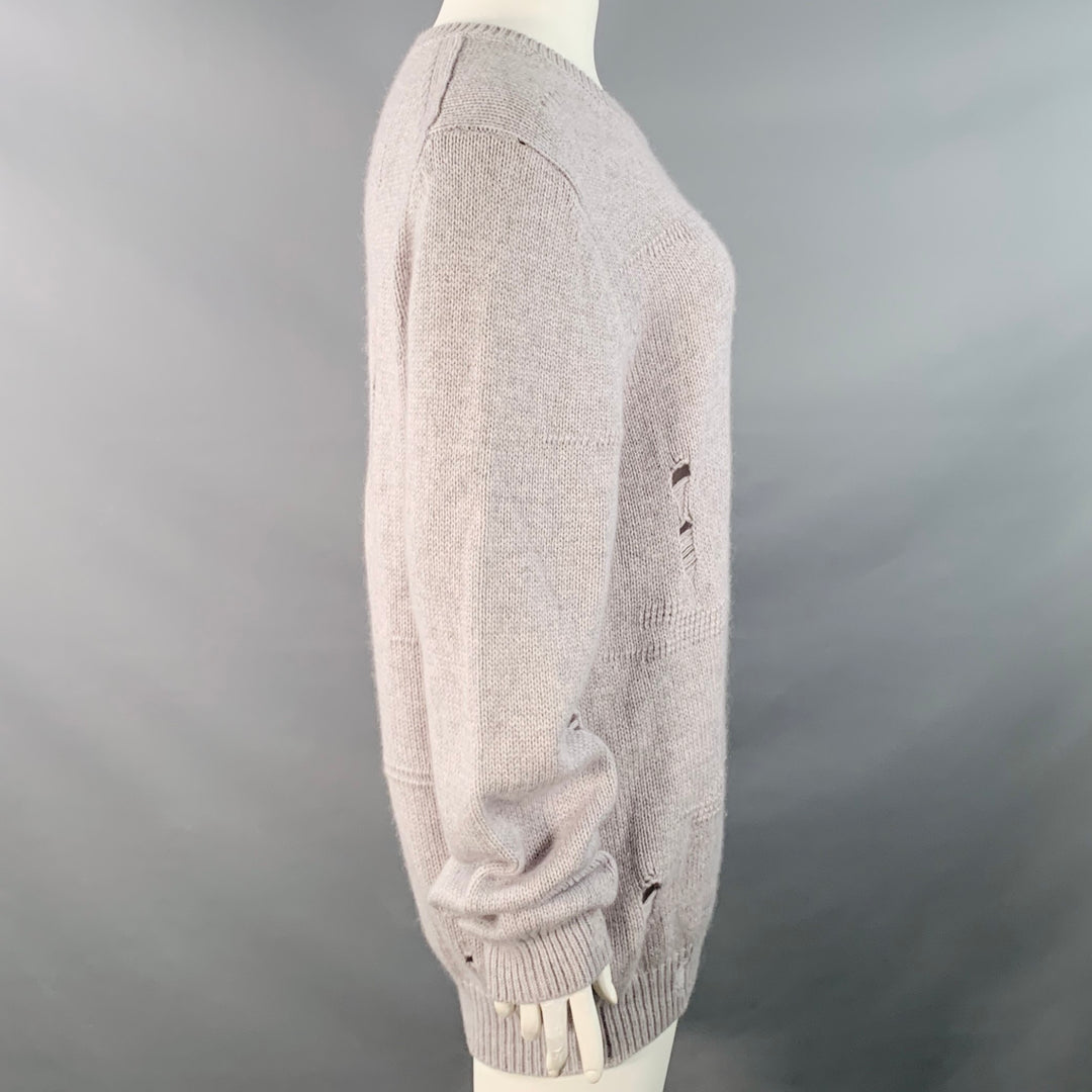 HELMUT LANG Size L Light Grey Wool Yak Cashmere Knit Distressed Crew Neck Sweater