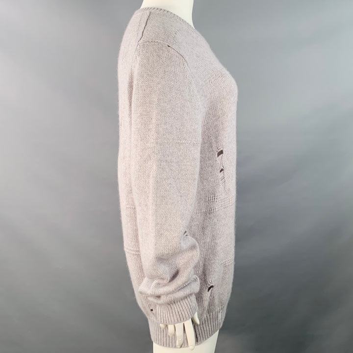 HELMUT LANG Size L Light Grey Wool Yak Cashmere Knit Distressed Crew Neck Sweater
