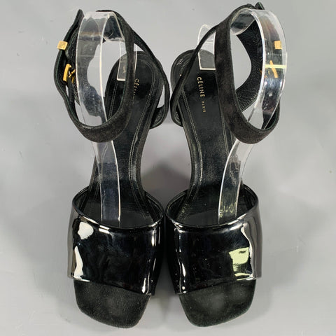 CELINE Size 10 Black Suede Patent Leather Ankle Strap Sandals