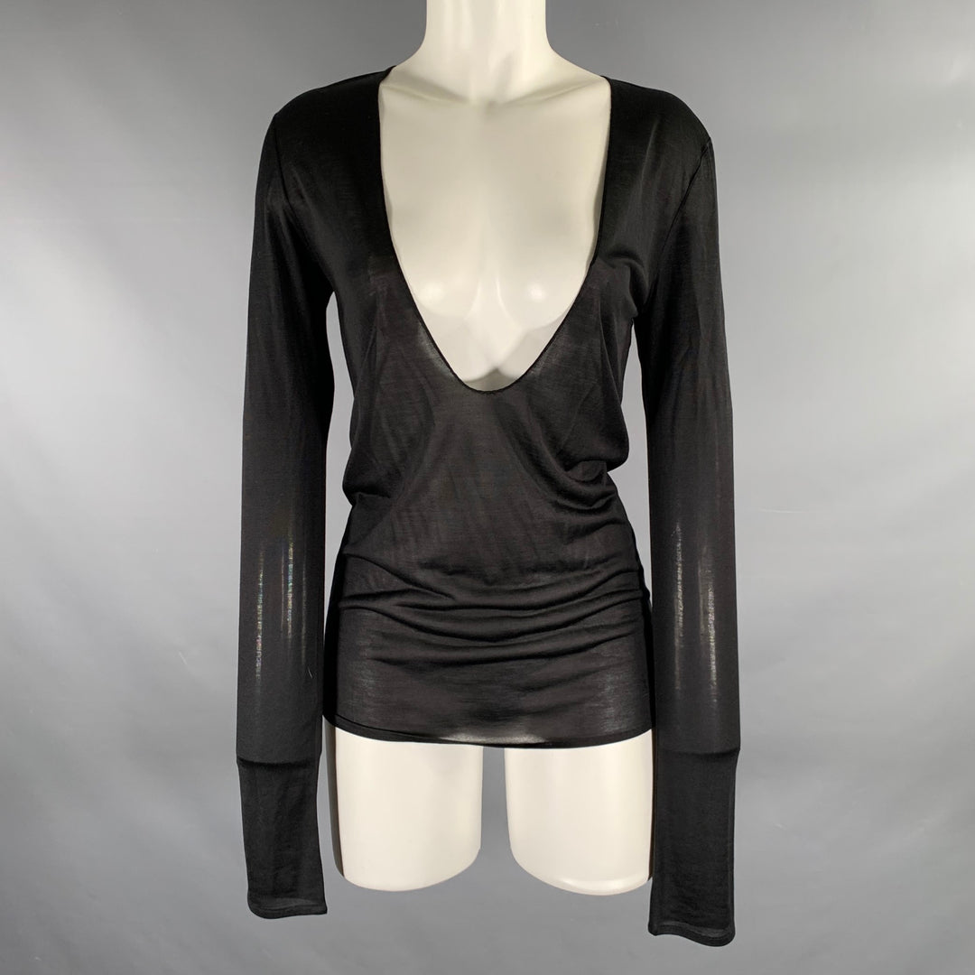SAINT LAURENT Size M Black Viscose V-Neck Blouse