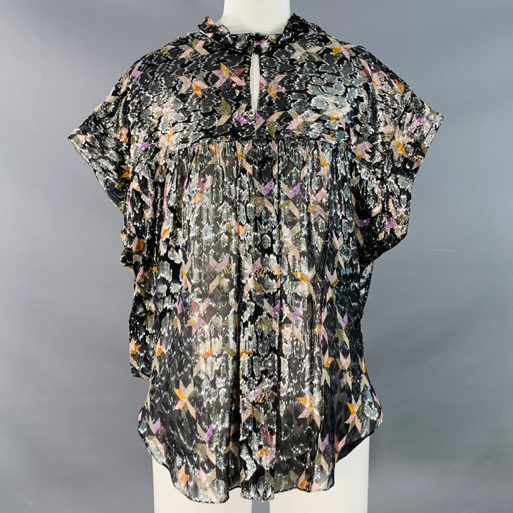 ISABEL MARANT Size M Black Metallic Silk Blend Geometric Cowl Neck Dress Top