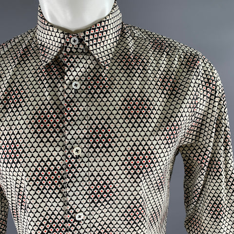 MR TURK Size M White Black Red Geometric Cotton Blend Long Sleeve Shirt