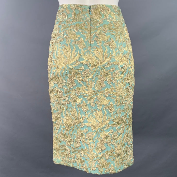 DOLCE & GABBANA Size 4 Green Gold Silk Blend Fleur de lis Pencil Skirt