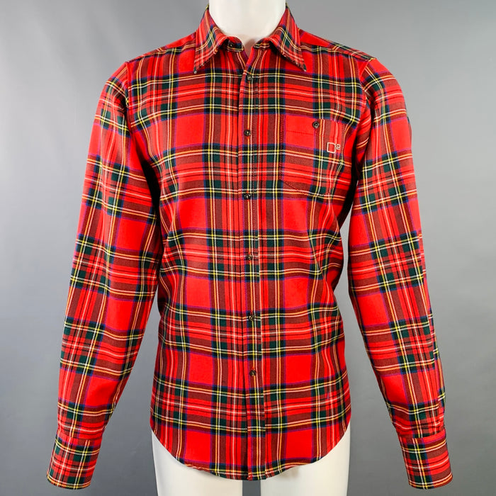DSQUARED2 Size 38 Red Multi Color Plaid Wool Button Up Long Sleeve Shirt