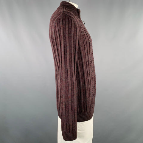 LENOR ROMANO Size L Brown Cable Knit Merino Wool 1/4 Zip Pullover