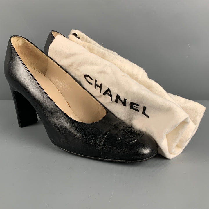 CHANEL Size 8 Black Leather Logo Classic Chunky Heel Pumps